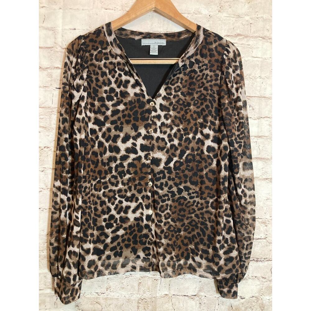 By Design Top Womens Medium Brown Cheetah Leopard Mesh Button Front‎ Stretch